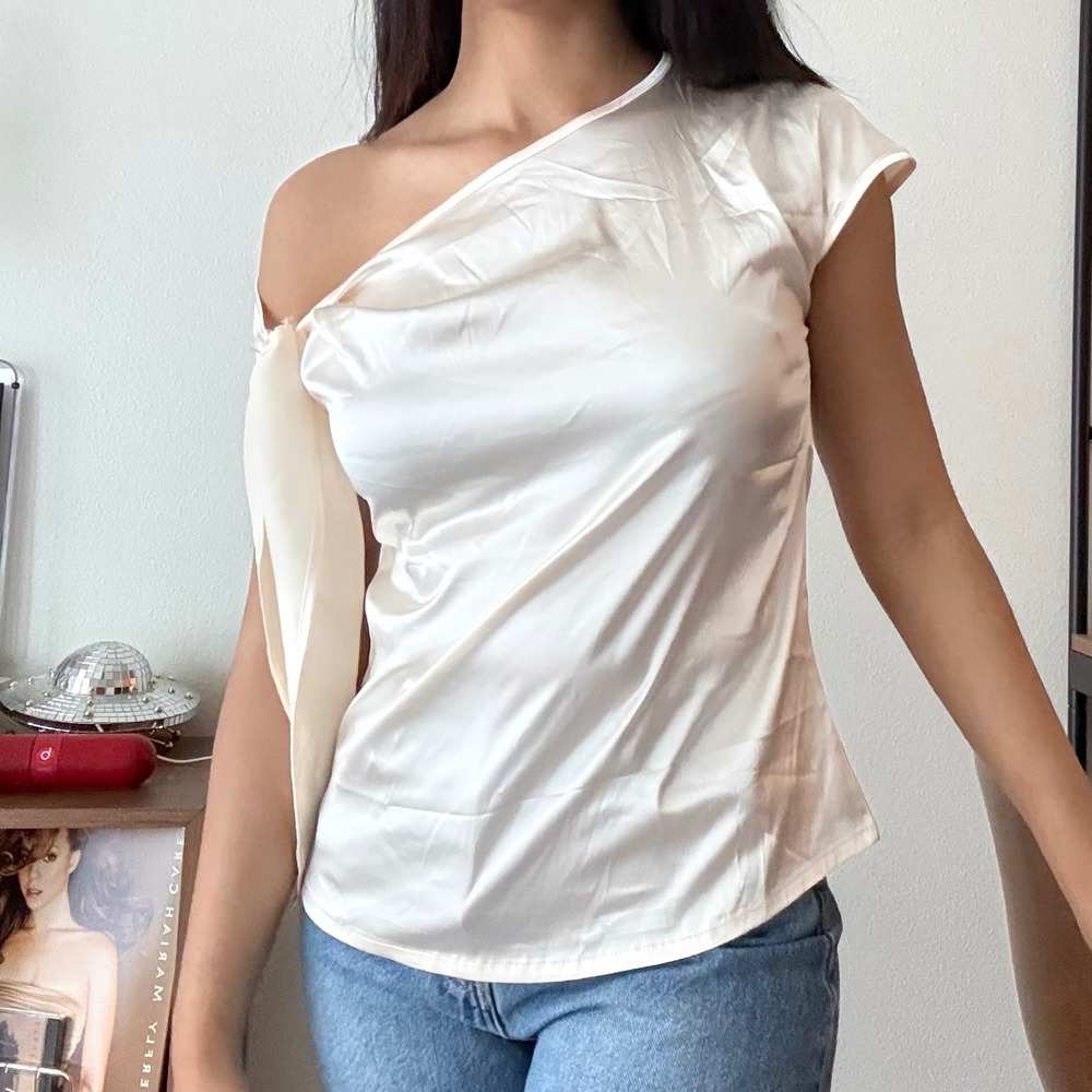 Vidussa Cream Satin One Shoulder Tie Blouse Champagne Elegant Dressy Top NEW